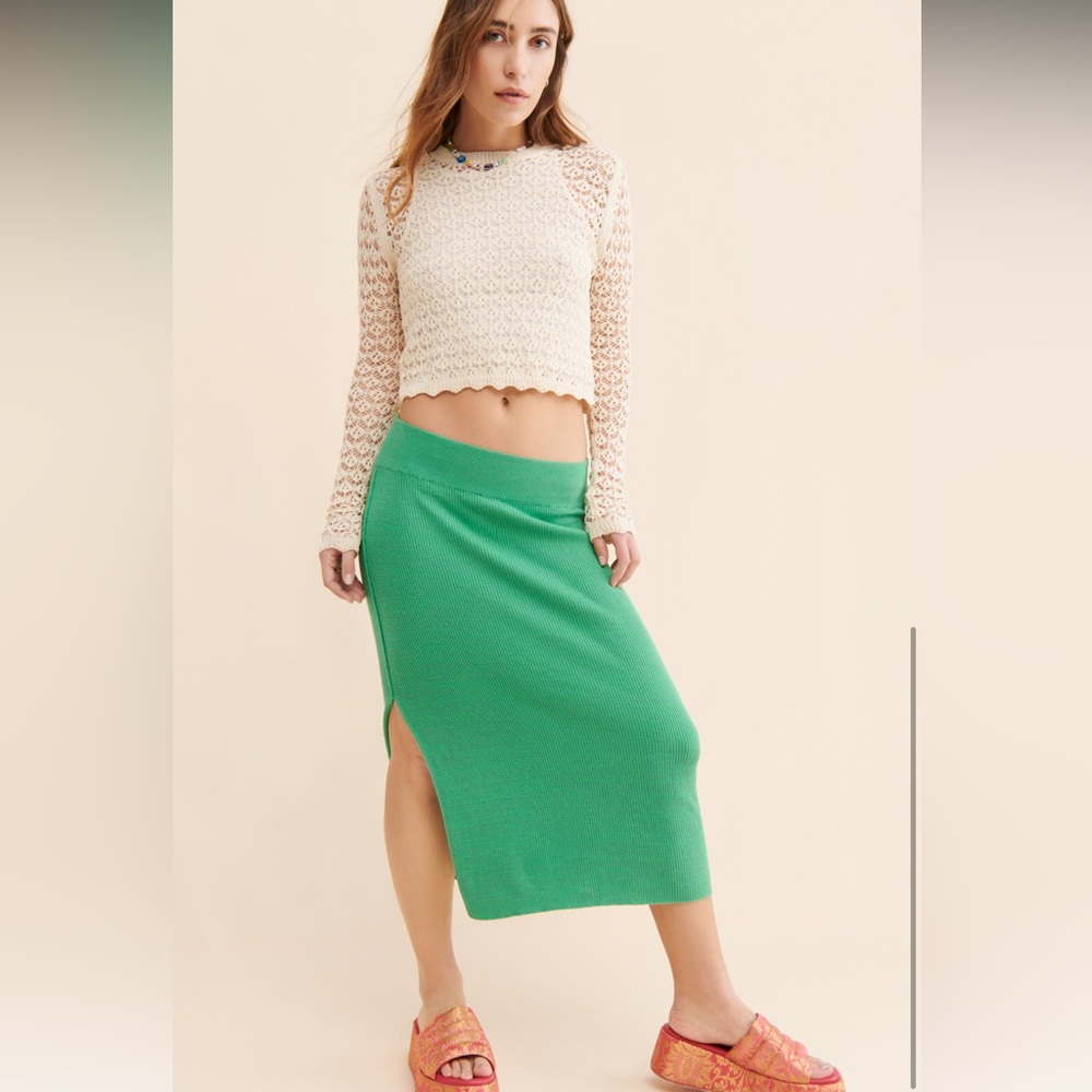 FREE PEOPLE Golden Hour Green Midi Pencil Skirt with Slit